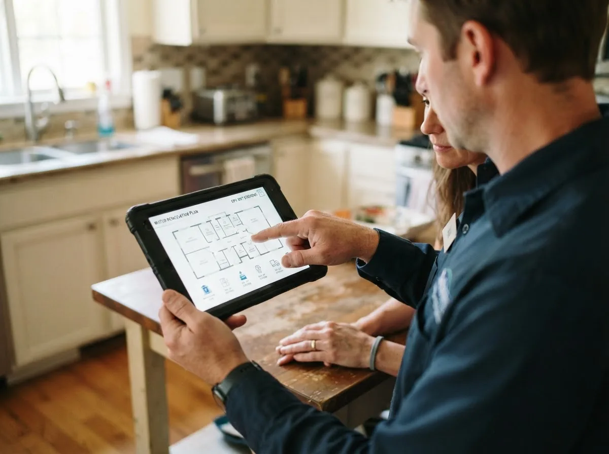 Water damage restoration technician inspecting a home in Rockport, WV